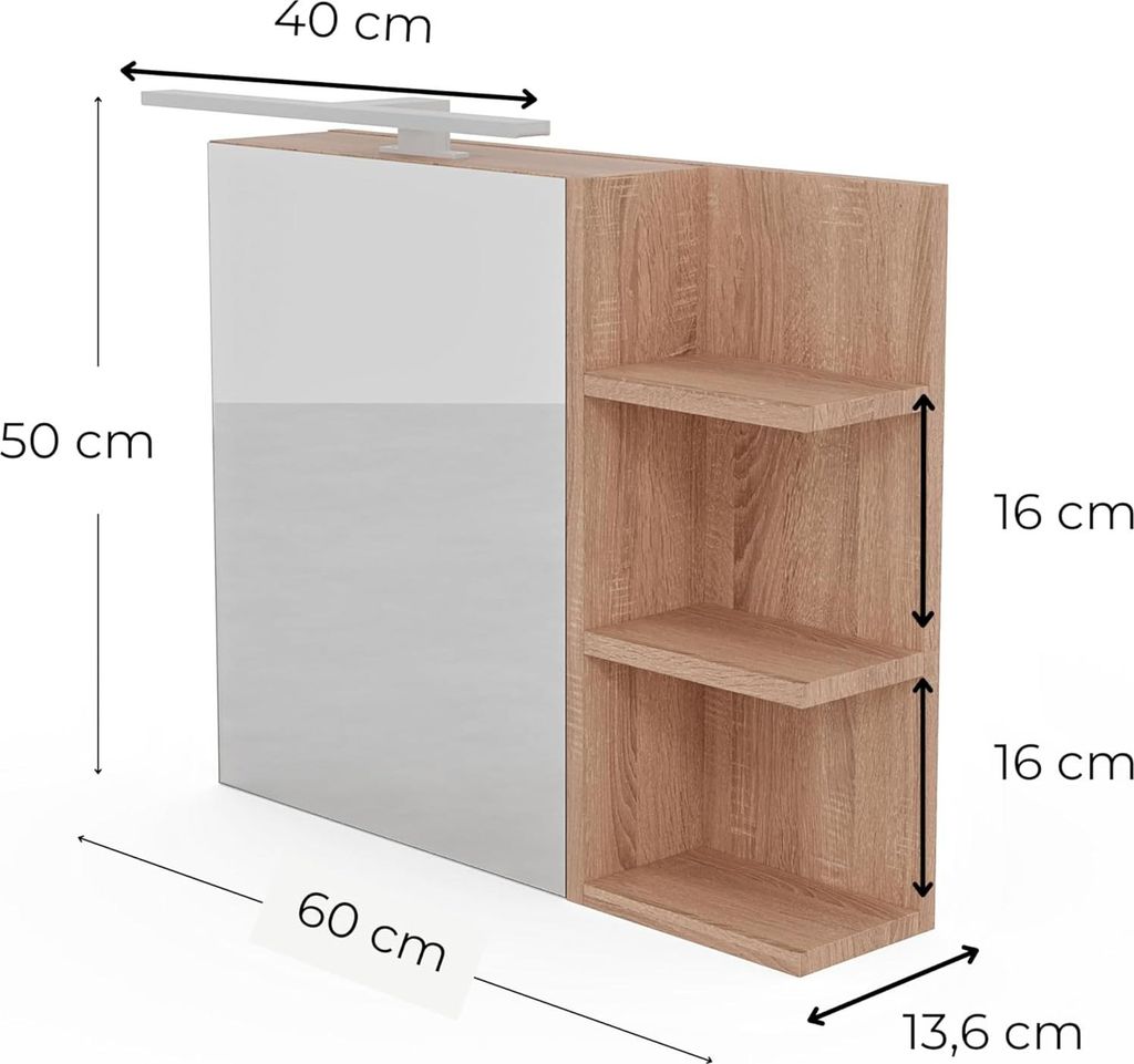 A diagram of a bathroom cabinet with dimensions.