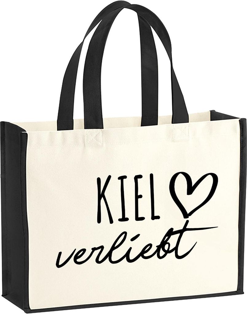 Huuraa Jutetasche Kiel verliebt 21 Liter Black Jute und Baumwolle Einkaufstasche Geschenkidee