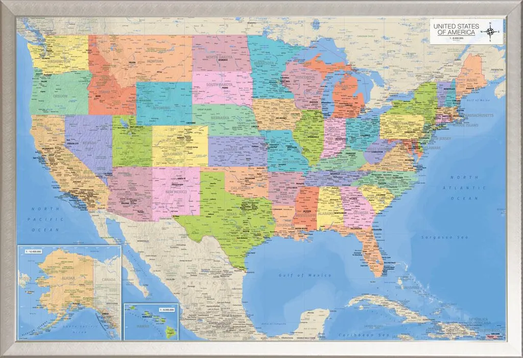 Mappe - Poster - Mappa degli USA + cornice rimovibile, Shinsuke® Maxi alluminio argento, lastra acrilica