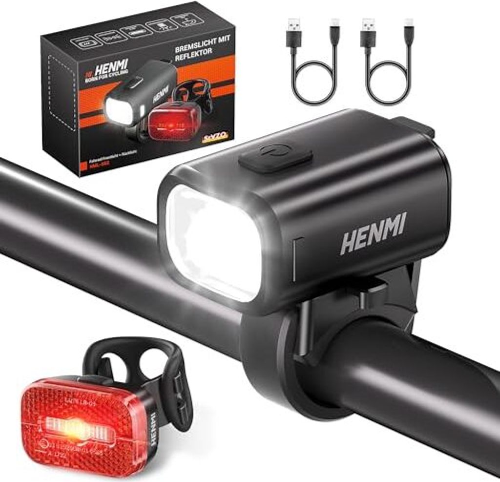 HENMI LED Fahrradleuchten Set, USB Aufladbar Fahrradlicht Set,Stvzo Zugelassen Vorne und Rücklicht Fahrrad,IPX5 Wasserdicht