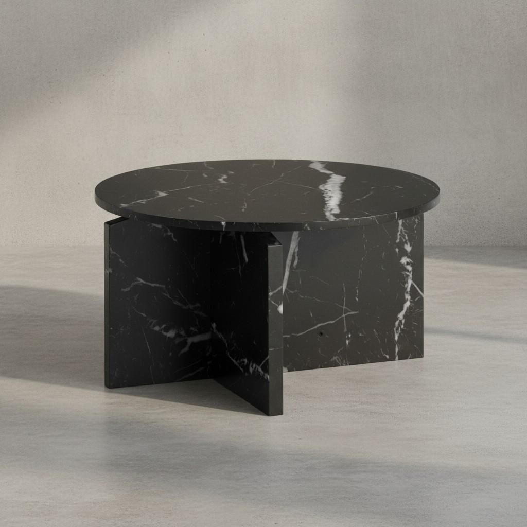 Couchtisch 60x60x33 cm Schwarz Sofatisch in Marmor-Optik Modern, Design Wohnzimmertisch Rund, Loungetisch Klein, Kaffeetisch Beistelltisch