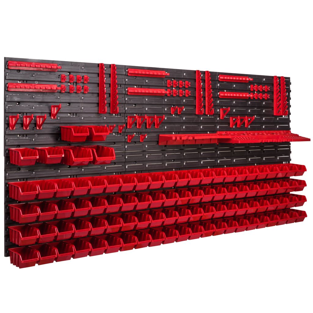 Werkstattregal Mit 56 Stapelboxen - 1728x780 Mm, Rot-schwarz, Inkl. Werkzeughalter & Wandplatte