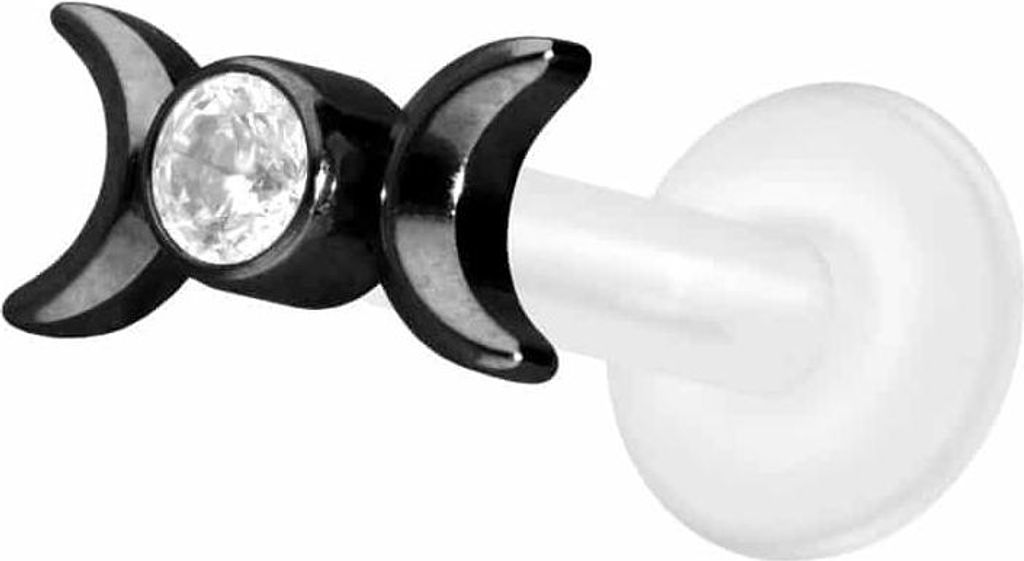 Ohrpiercing, Nasenpiercing PTFE Labret mit Innengewinde + Titan-Aufsatz 2 MONDE + KRISTALL Schwarz Stablänge: 7mm | Stabstärke: 1,6mm