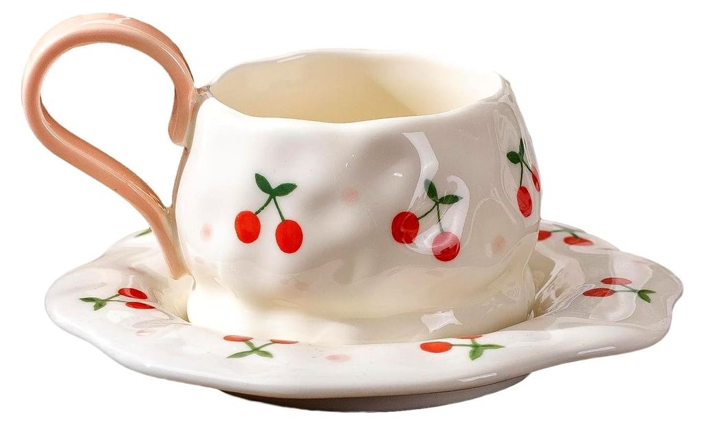 Handbemaltes Keramik-Kaffeetassen-Set mit Untertasse, 250 ml Kirsch-Design, Koreanischer Stil, Unregelmäßige Tasse für Cappuccino, Latte, Tee, 1...