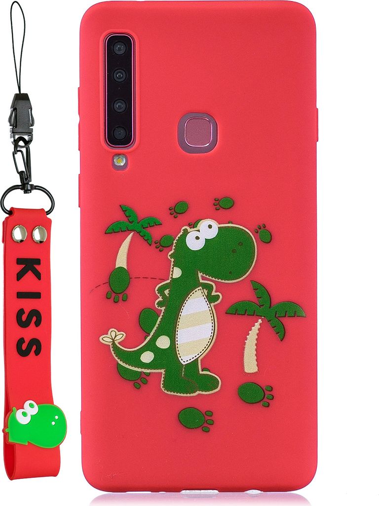 Für Samsung A9 2018 Cartoon Lovely Coloured Painted Soft TPU Rückendeckung rutschfest Full Protective Case mit Lanyard rot