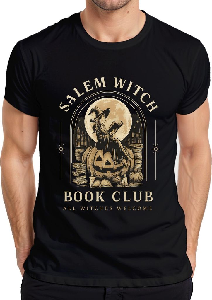 Salem Witch Book Club All Witches Welcome Halloween Kürbis Mond Herren T-Shirt, Schwarz, XXL