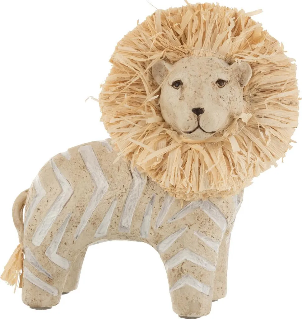 Statue Lion Déco Blanc et Raphia Naturel J-Line Petit Format Design