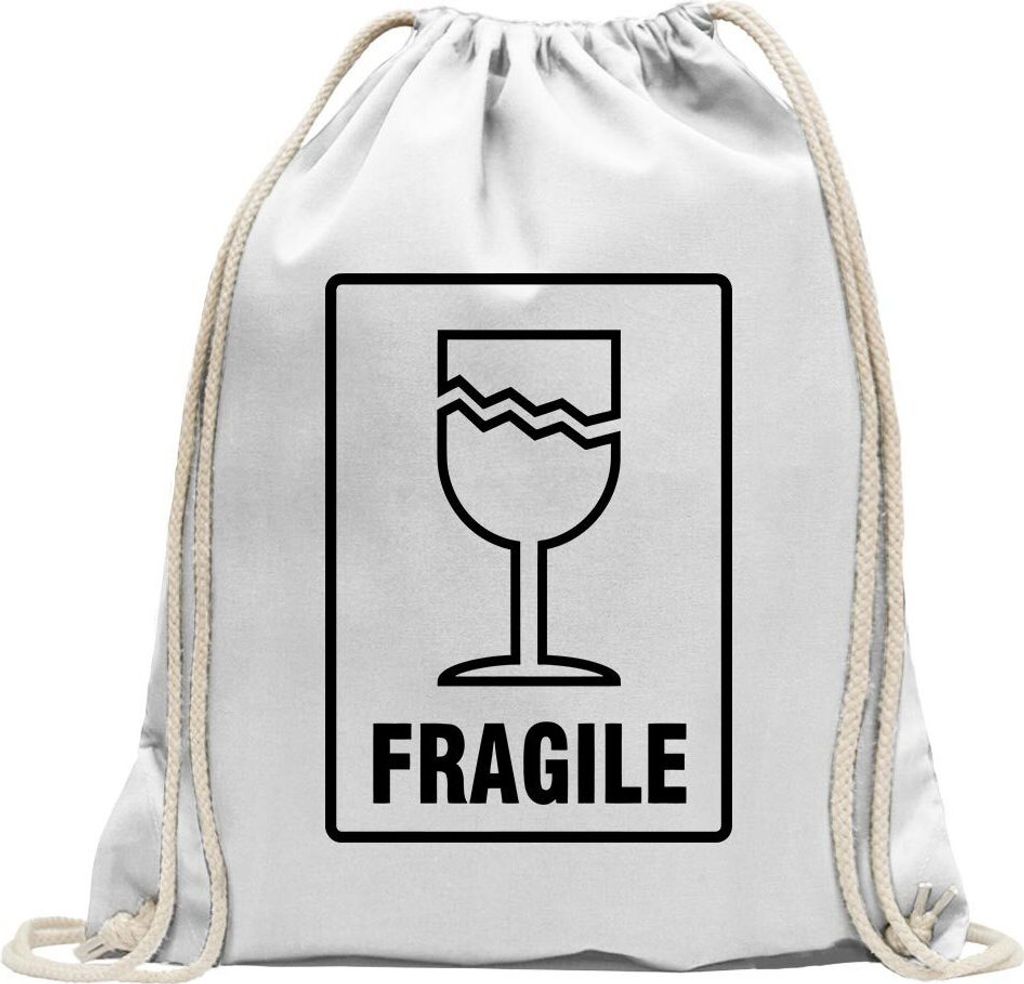 Kiwistar - Turnbeutel - weiss - Zerbrechlich - Fragile - Fun Rucksack Sport Beutel Gymsack Baumwolle mit Ziehgurt