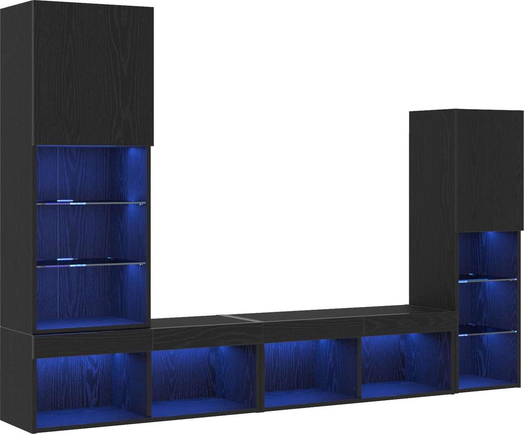 A modular black TV cabinet unit with integrated blue LED lighting.