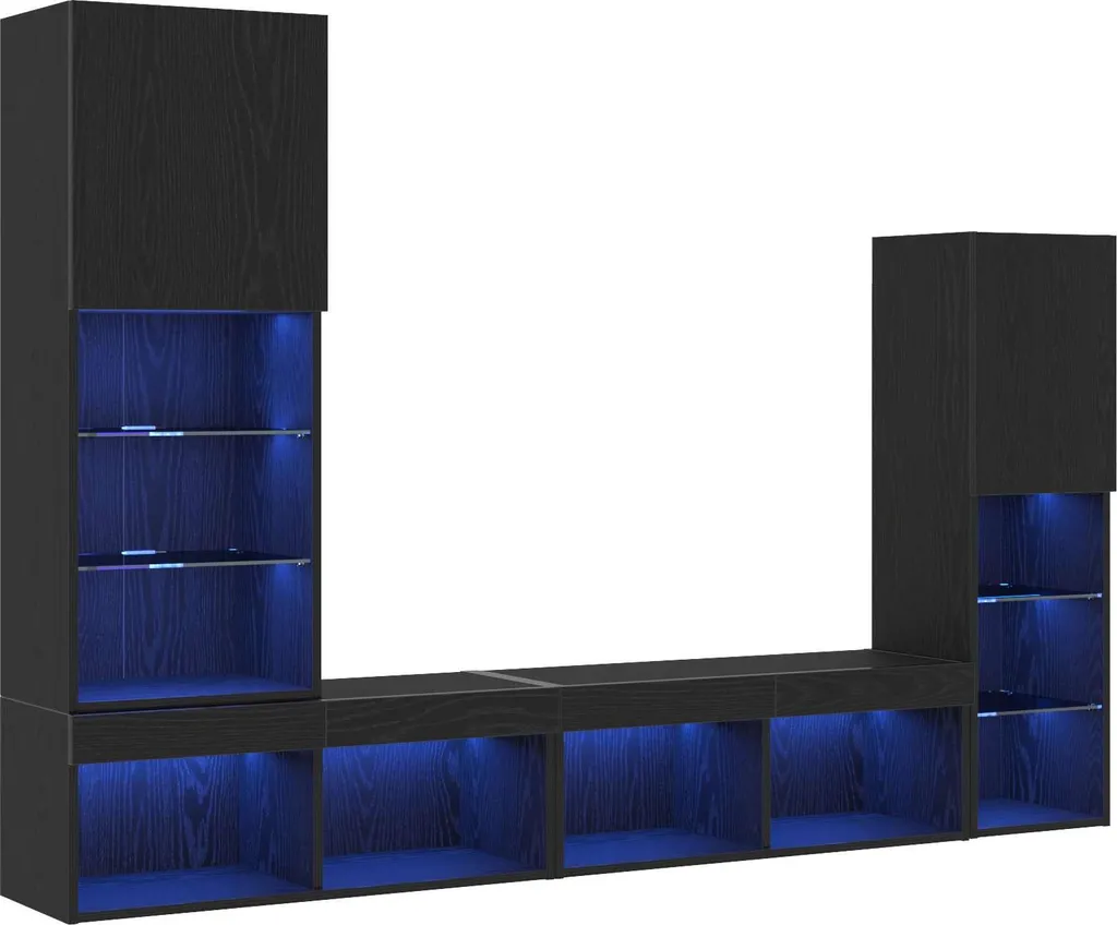 Armoire TV 4 pcs en Bois Composite Robuste avec Finition Noir et Chêne