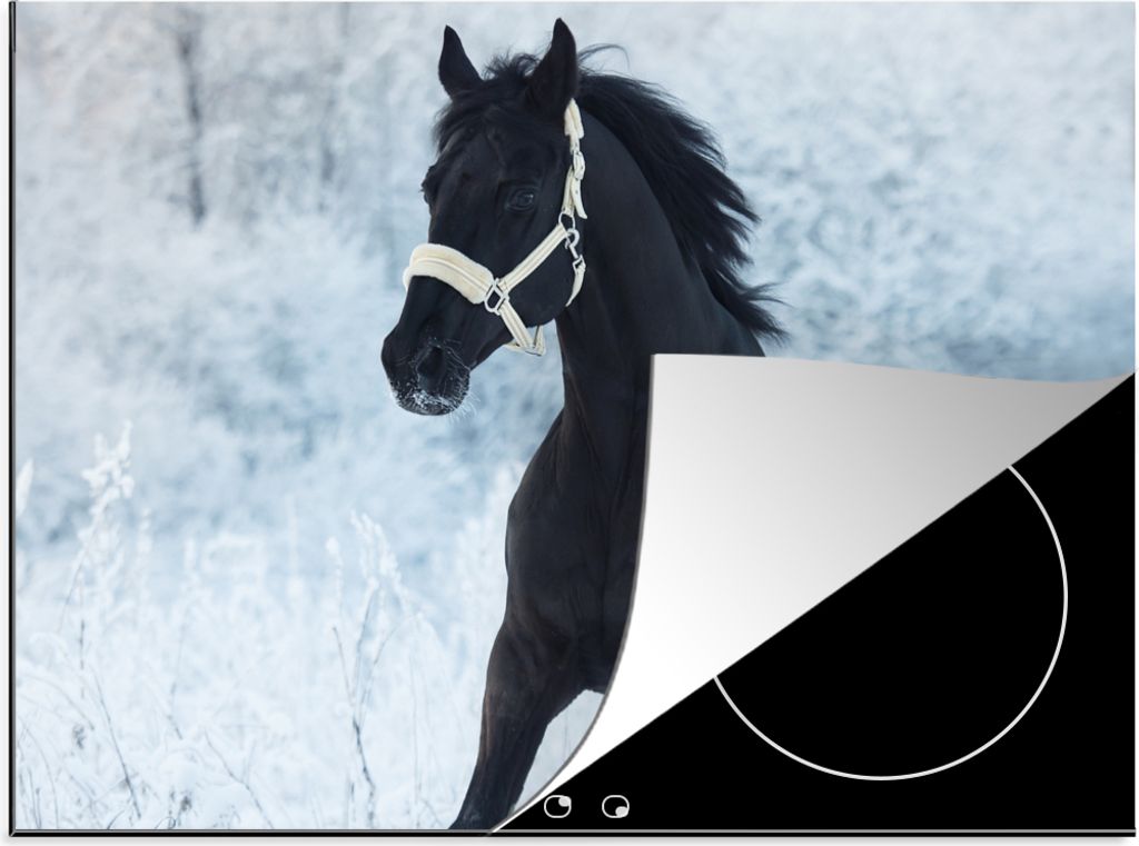 KitchenYeah Herdabdeckplatte Pferd - Schnee - Wald , 77x59cm, Küche Deko, Glaskeramikkochfeld Herdabdeckung, Abdeckplatte fùr Kochfeld