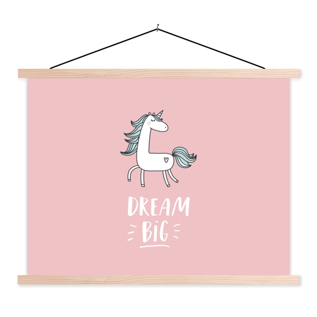 MuchoWow Textilposter Einhorn - Kinder - Zitate - Große Träume - Mädchen - Rosa 60x45 cm mit holzfarbenen Rahmen - Bild