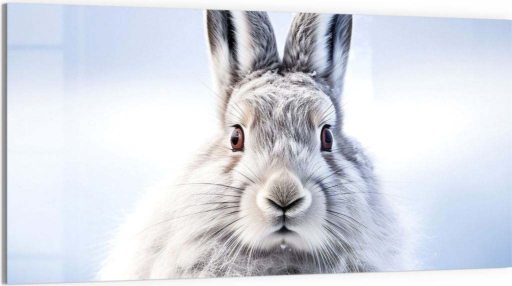 DEQORI Glasbild Acryl 100x50 cm 'Winterhase im Fokus' Wandbild Bild modern Deko