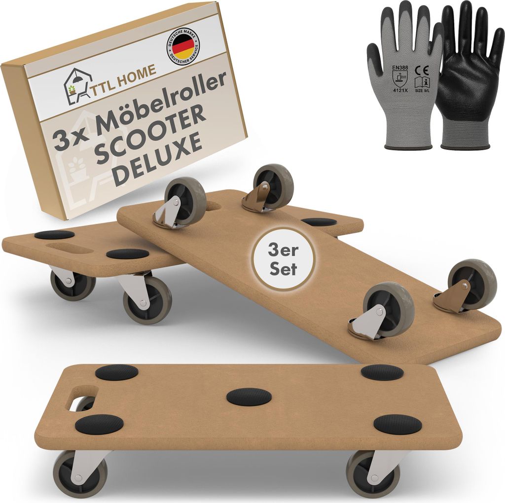 TTL HOME Möbelroller SCOOTER DELUXE 3er Set 58x30x11cm 250kg Rollbrett Transportroller Gummirollen