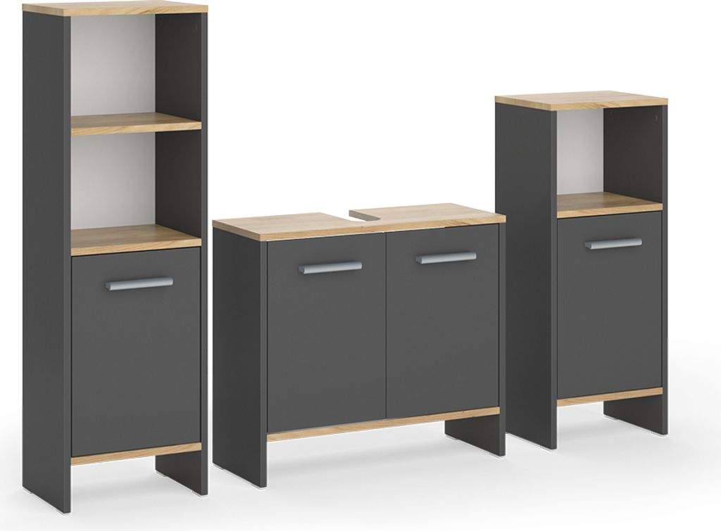 A set of three bathroom cabinets against a white background.