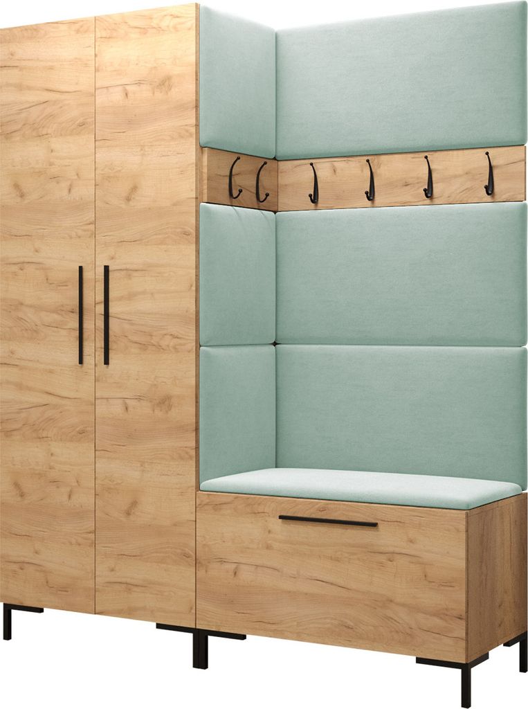 MIRJAN24 Garderoben-Set Zilion I, Garderobe mit 4 Stück Gepolstertes Wandpaneel Pag 84x42 und 3 Stück 42x42 (Eiche Craft Gold + Schwarz, Manila 11)