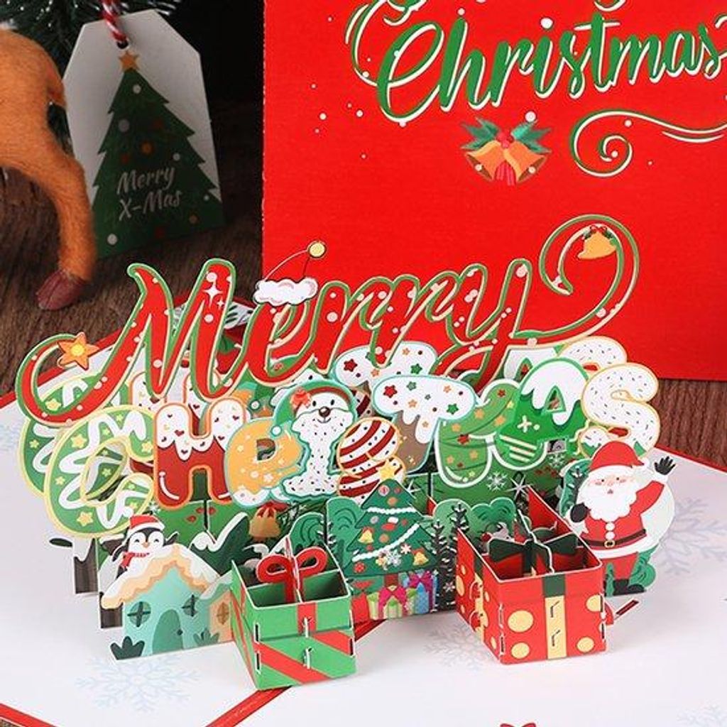 Rote 3D-Weihnachtskarten, Weihnachtsbaum, süße Papier-Skulptur mit kleinen Pinguinen und handschriftlichen Textkarten (zwei Stücke)