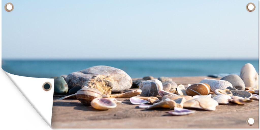 MuchoWow 80x40 cm Outdoor-Poster Gartendeko Sichtschutz Garten Poster für den Garten Muscheln - Strand - Meer - Sommer - Sonne