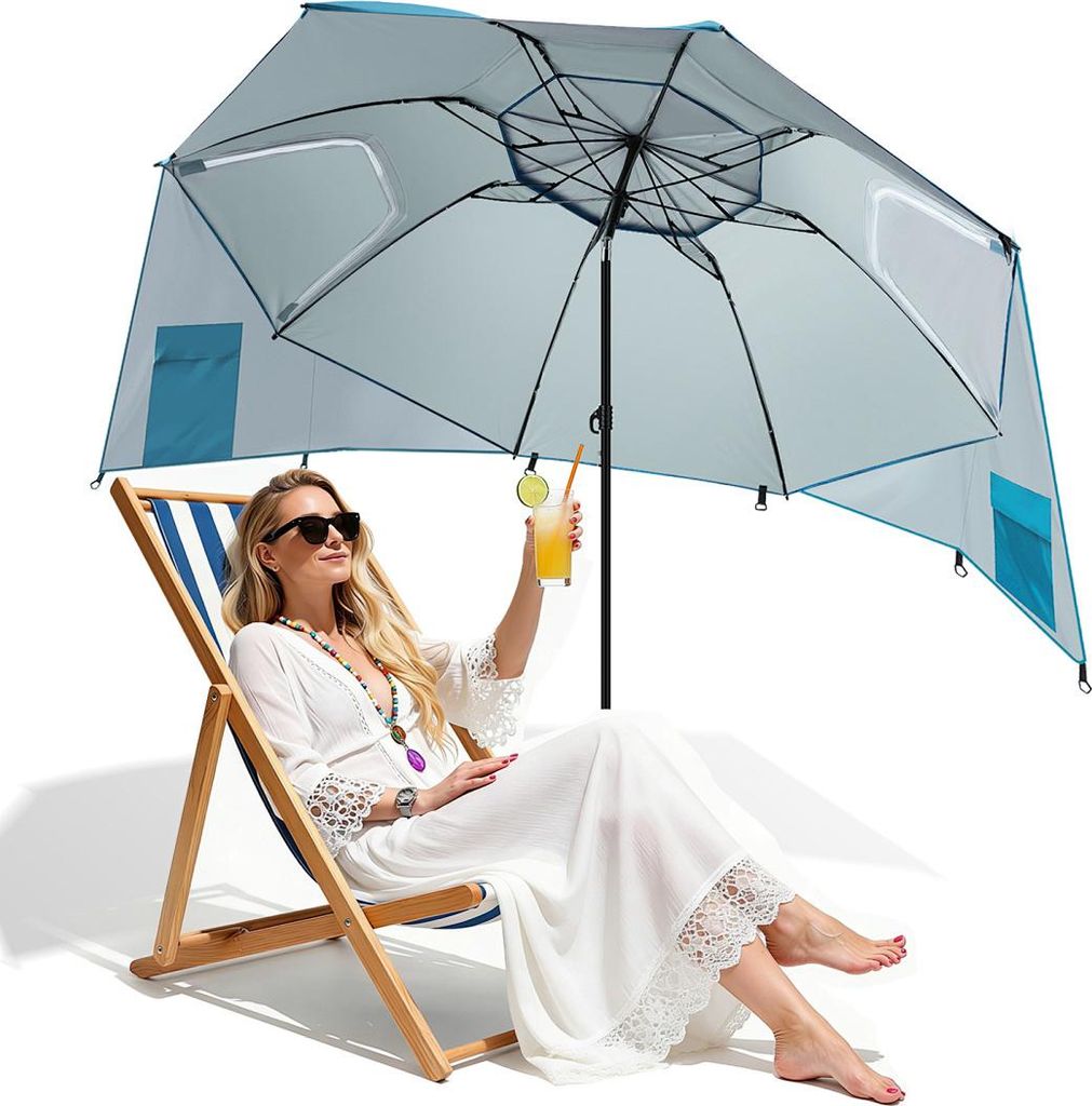 Izrielar Strandschirm 210 cm Sonnenschirm mit UV Schutz 50+, neigbar mit Erdspieß und Tragetasche, wasserabweisender Gartenschirm für Strand, Gar...
