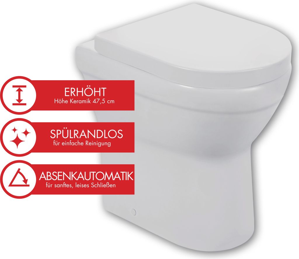 sanicomfort Tiefspül Stand-WC Cozy erhöht Spülrandlos inkl. Sitz