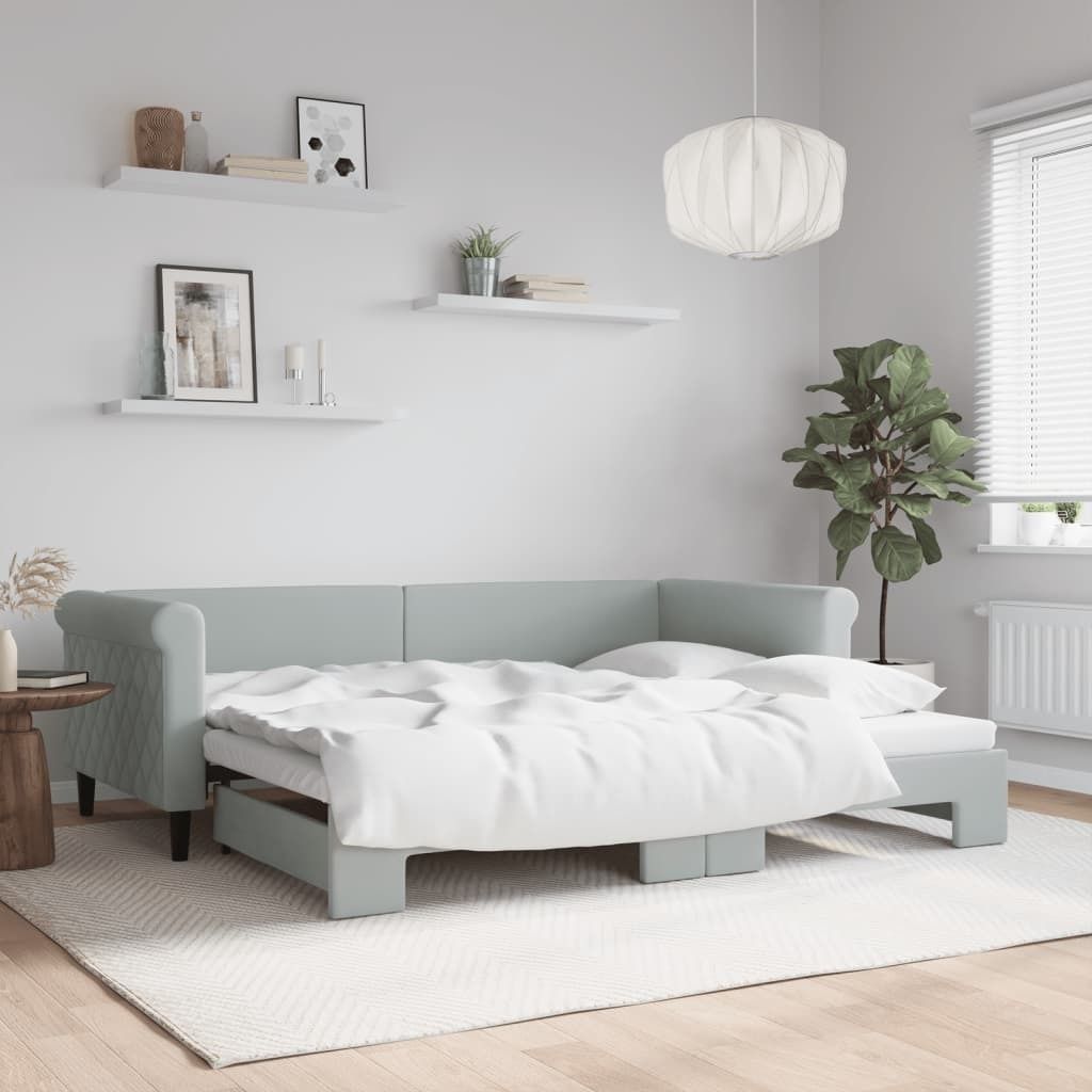 Eleganten-Stil Bettrahmen inkl. Lattenrost - Tagesbett Ausziehbar Hellgrau 90x200 cm Samt - Klassische Betten Hommie4206400 2parcel