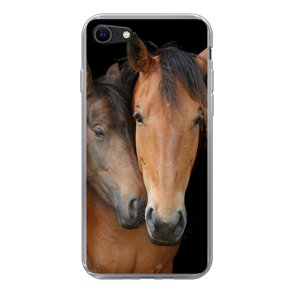 MuchoWow Handyhülle Schutzhülle Hülle für iPhone SE 2022 Pferde - Liebe - Braun Silikon Softcase Handy Hülle - Schutzhülle