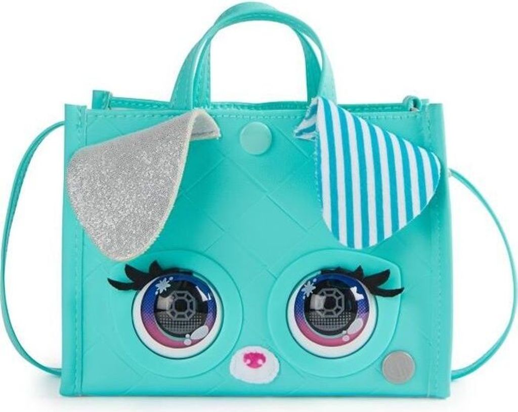 A teal purse shaped like a puppy dog with large eyes and ears.