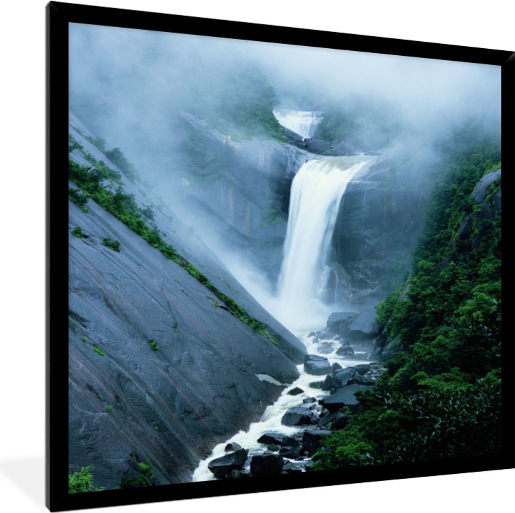 MuchoWow MuchoWow Gerahmtes Poster Wasserfall - Japan - Tropisch 40x40 cm - Poster mit zchwarzem Bilderrahmen - Mit Rahmen - Wanddekoration Sch...