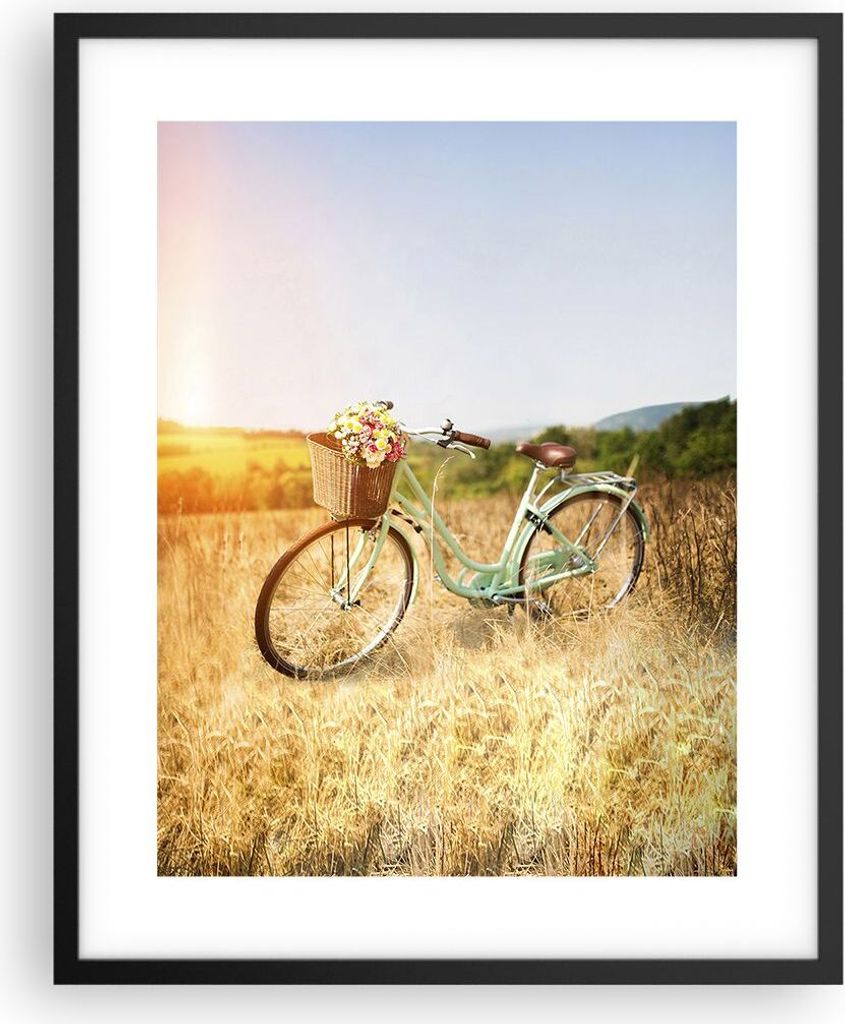 Gerahmtes Poster - Schwarzer Rahmen - Fahrrad Wiese Blumen - 40x50 cm - Wand Bild - Wanddeko - Wandbilder - Kunstposter - Wandposter - Bilderrahmen...