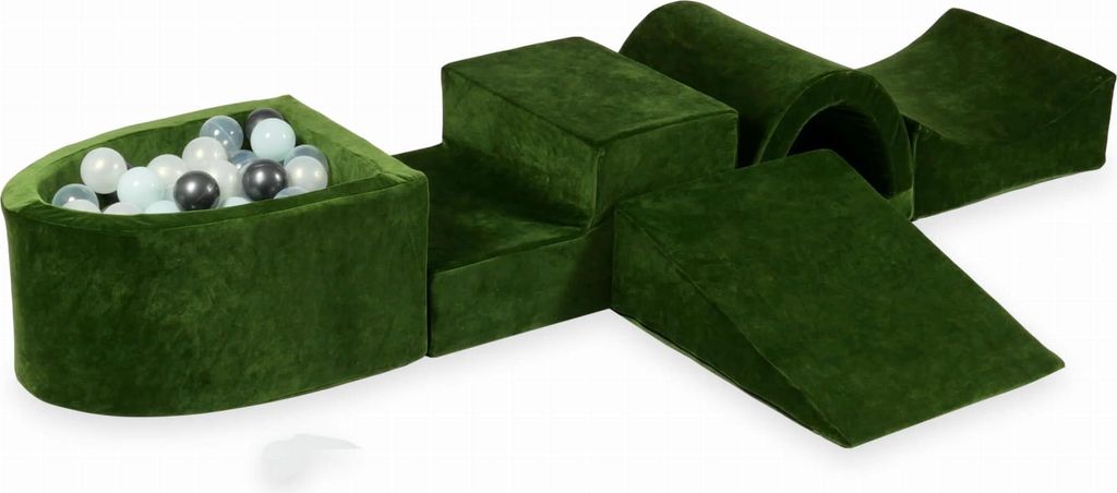 Schaumstoffspielplatz mit Brücke und Pool Micro Velvet Soft Olive + 100 Bälle: transparent, mint, metallic graphit, opaleszierend
