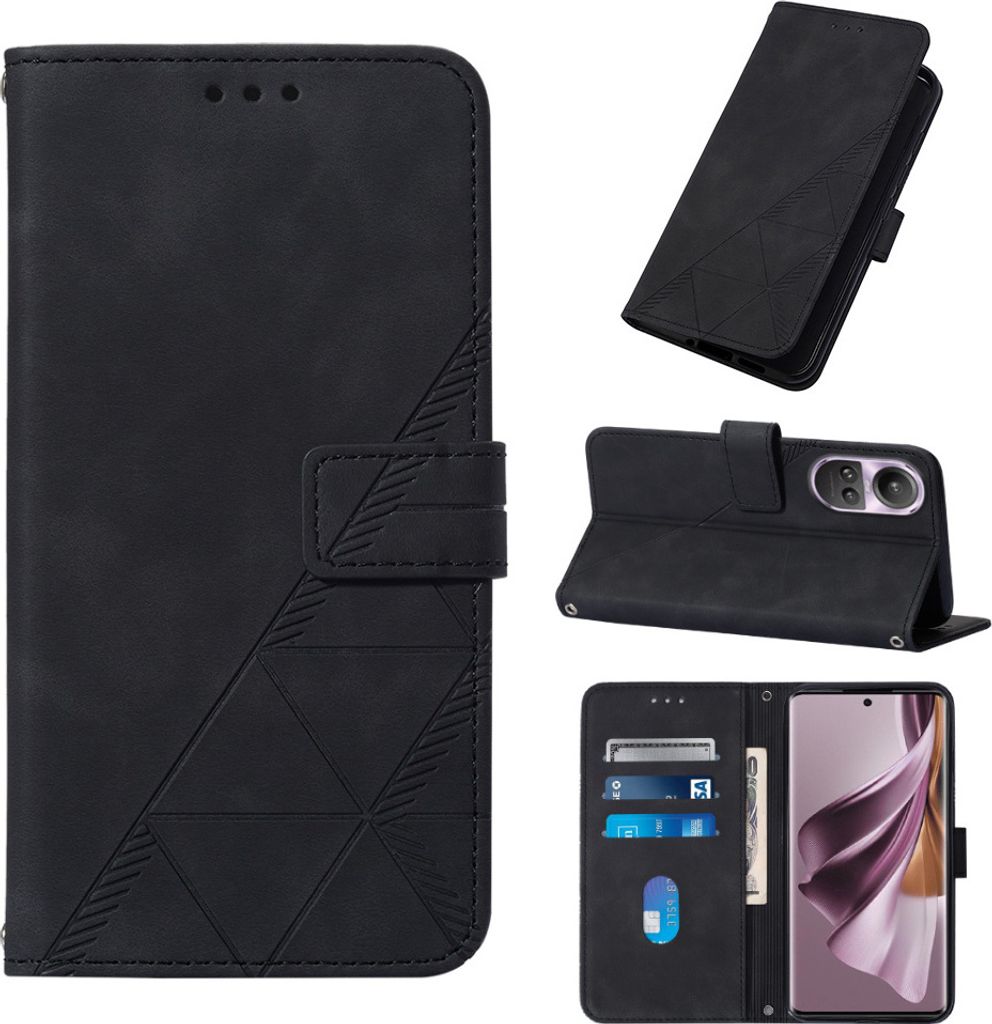 Hülle für Oppo Reno10 /Reno 10 Pro Prägung Flip Leder Kartenfächer Schutzhülle mit Ständer Schwarz