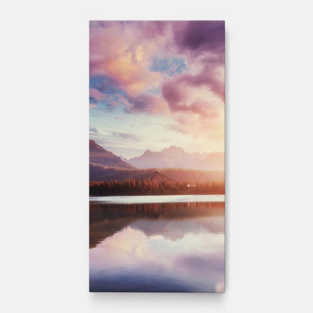 ARTHUB Leinwandbild 40x80 cm, Orange Lake Light | Wohnzimmerdekoration, Hängende Bilder, Wanddekoration, Heimdekoration, Landschaften, Seen