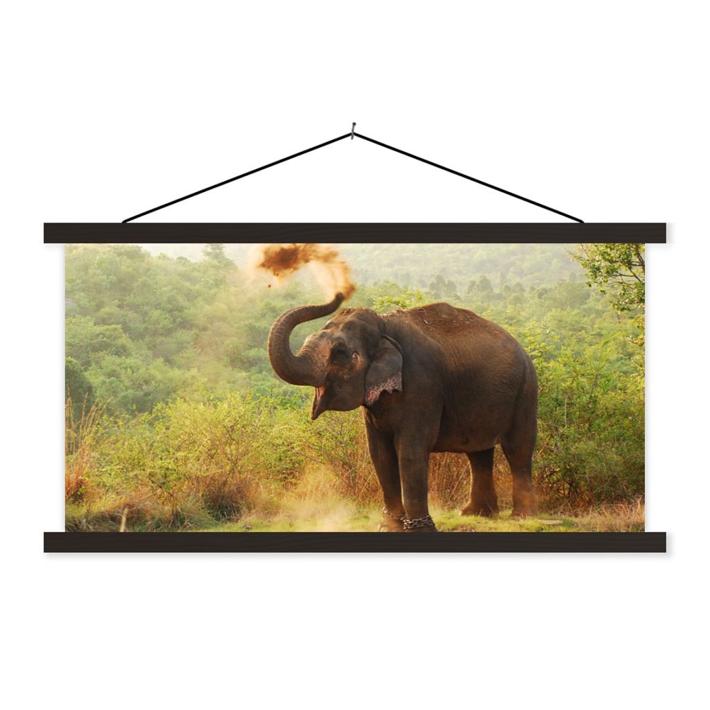 MuchoWow Textilposter Elefant - Tiere - Wald - Bäume 150x75 cm mit schwarzem Rahmen - Posterleiste