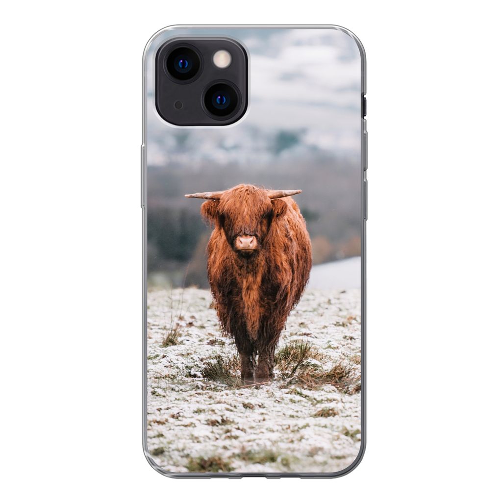 MuchoWow Handyhülle Schutzhülle Hülle für iPhone 13 mini Schottischer Highlander - Schnee - Berg Silikon Softcase Handy Hülle - Softcase