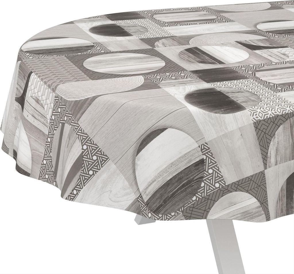 Tischdecke Vintage Holz Patchwork Grau Oval 260x140cm Schnittkante Wachstuch abwaschbar
