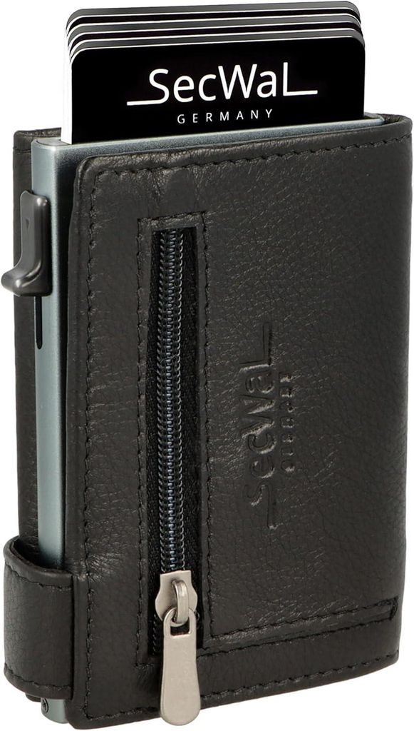 Kartenetui aus Echtleder mit Münzfach und RFID Schutz, Slim Wallet mit Aluminium Kartenhalter für bis zu 10 Karten, Kompakte Geldbörse