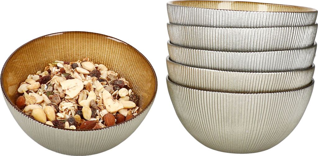 6x Kairo Gold Müslischale 500ml Glas 6 Personen Dessert-Bowl Relief