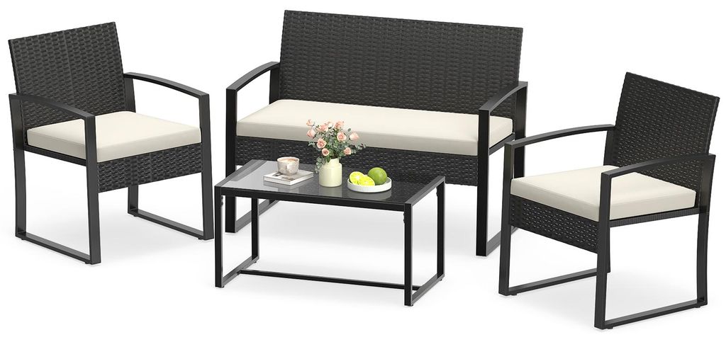 COSTWAY Gartenmöbel Set Polyrattan, Outdoor Lounge Möbel, Sitzgruppe mit 2 Sessel, Bank, Tisch & Sitzkissen, Terrassenmöbel, Sitzgarnitur Beige