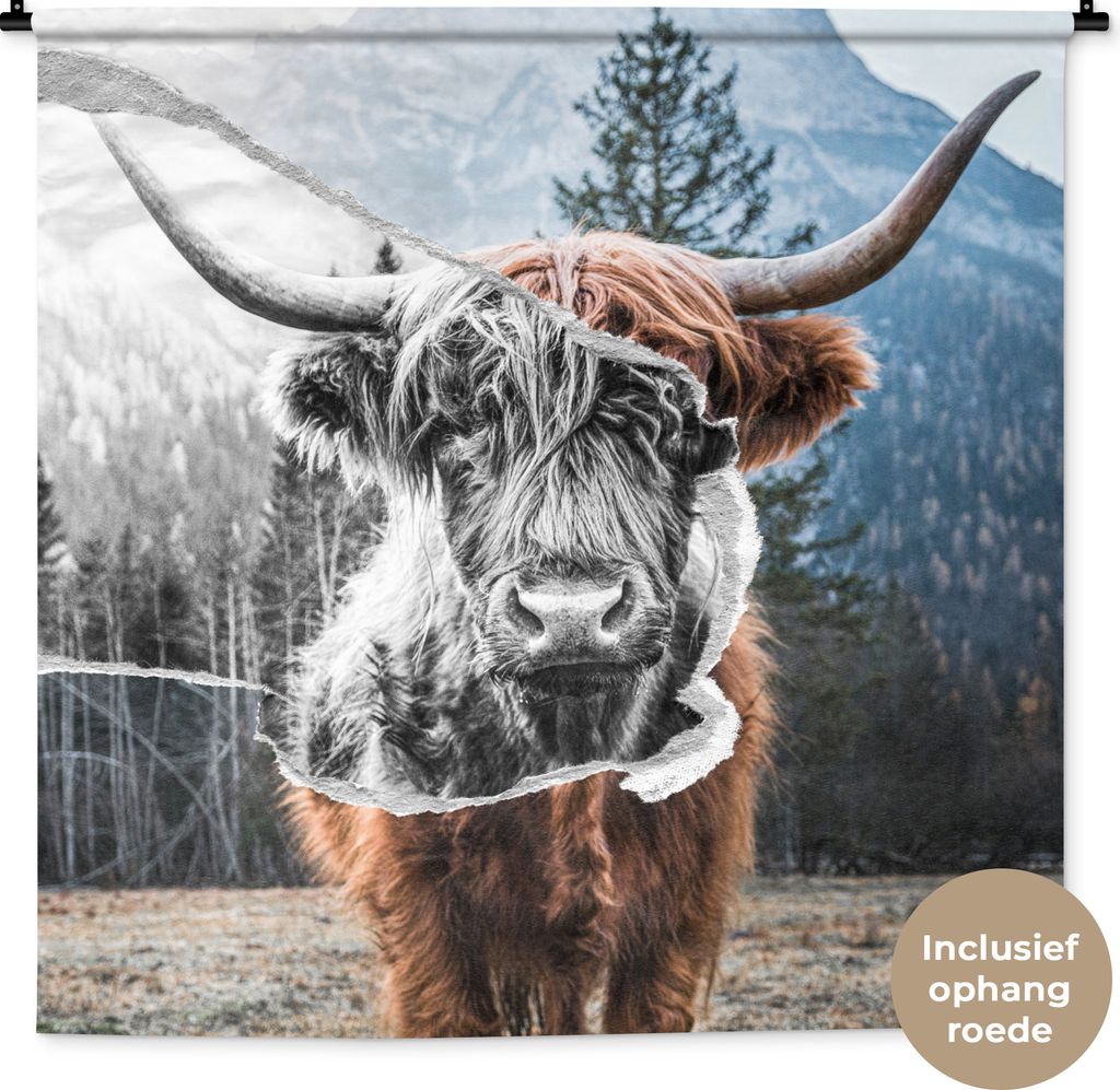 MuchoWow Wandteppich Wandbehang Tiere - Schottisches Hochlandrind - Stier 150x150 cm Tapisserie Dekoration Wandtuch - Wohnaccessoires - Modernes