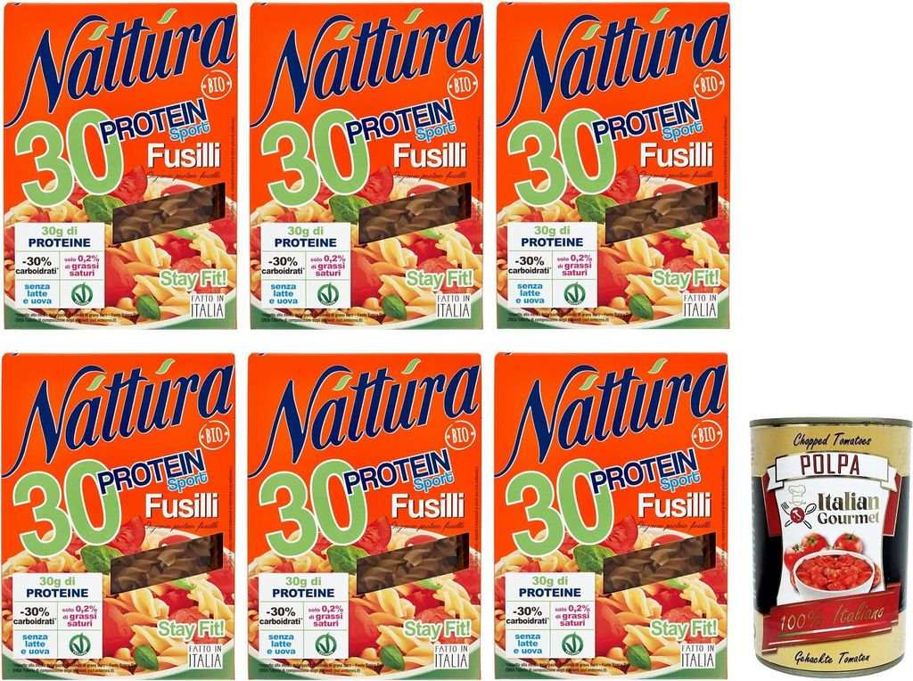 6x Náttúra Protein Sport Pasta Fusilli aus Biologischem Anbau,reich an Proteinen,Packung mit 250g + Italian Gourmet Polpa di Pomodoro 400g Dose