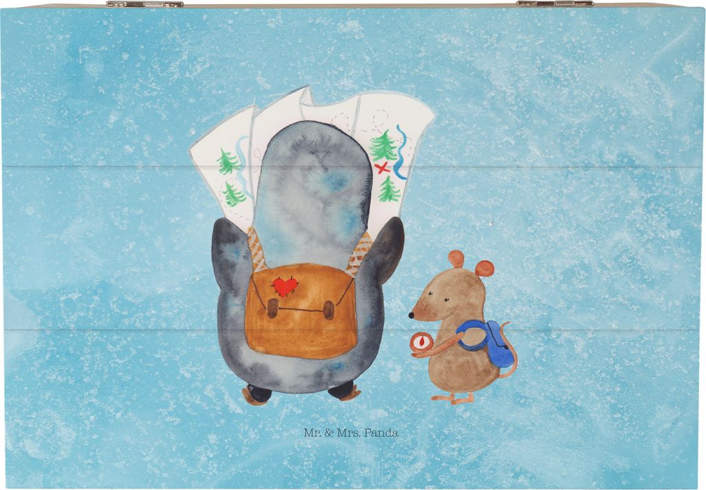 Mr. & Mrs. Panda Holzkiste Pinguin & Maus Wanderer 22 x 15 cm - Eisblau - Geschenk, Aufbewahrungsbox Holz, schmuckkiste, fotobox, Roadtrip, Wandern...