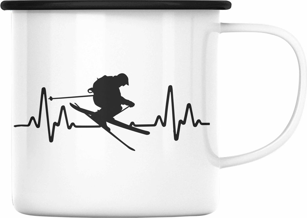 Trendation - Ski Emaille Tasse Geschenk Grafik Herzschlag Geschenkidee Skifahrer Geschenk Winter (Schwarz)