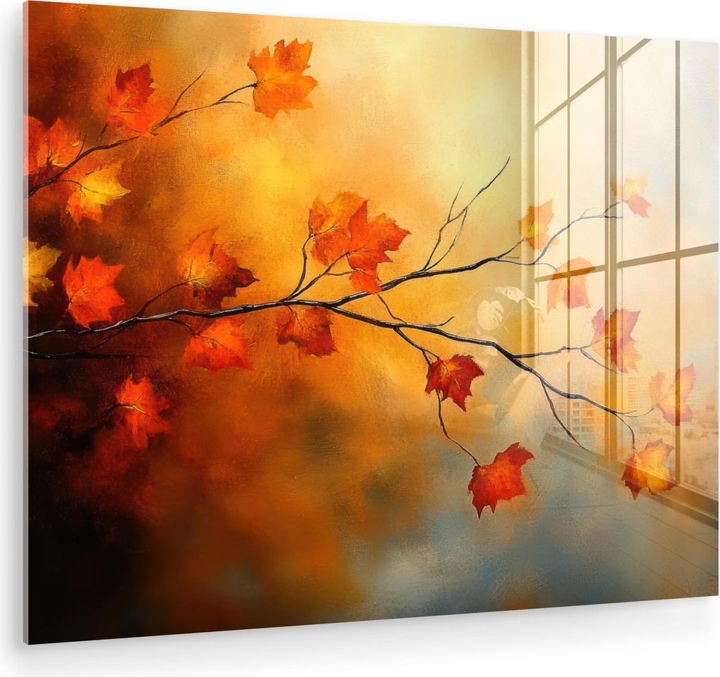 MuchoWow Glasbilder - Bilder auf Wandbild - Foto auf Glas Herbstblätter - Orange - Abstrakt - Herbstzweige - Natur 80x60 cm Wanddekoration aus Gla...