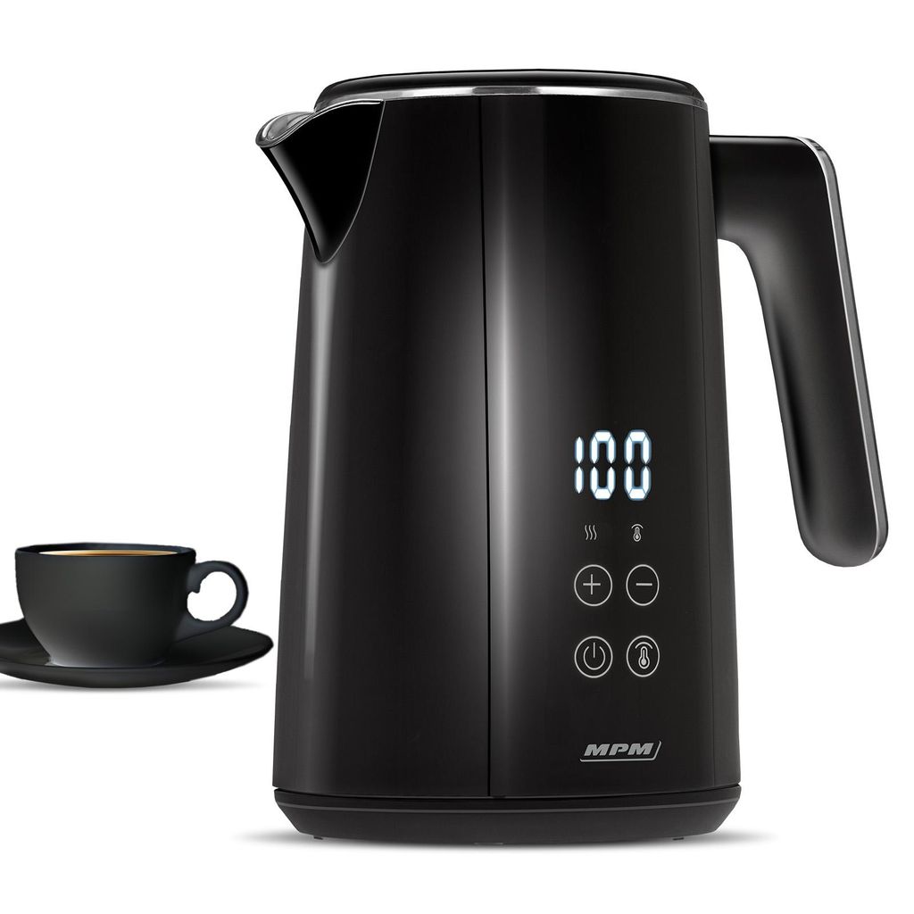 A black electric kettle with a digital display and a black cup and saucer are shown against a white background.