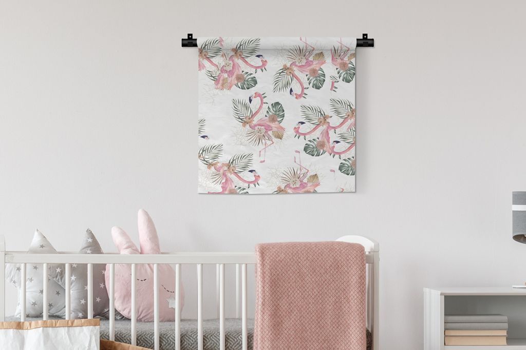 MuchoWow Wandteppich Wandbehang Flamingo - Blumen - Blätter - Muster 60x60 cm Tapisserie Dekoration Wandtuch - Dekorationen - Wand Decke