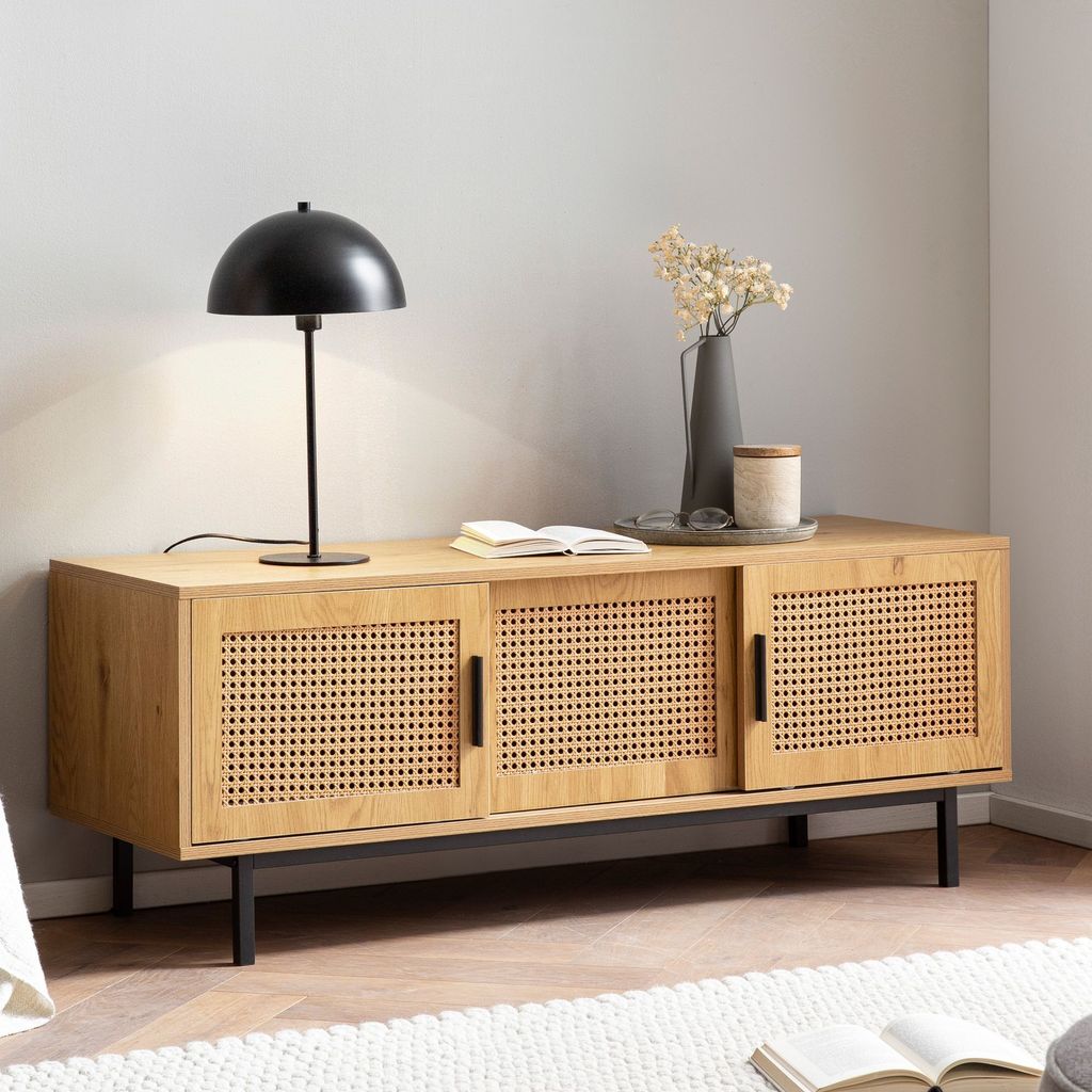 FineBuy Lowboard Eiche-Nachbildung mit Wiener Geflecht 120x45,5x40 cm TV-Kommode Zeitlos mit Schiebe-Türen TV-Schrank Hoch Fernsehtisch Fernsehsch...