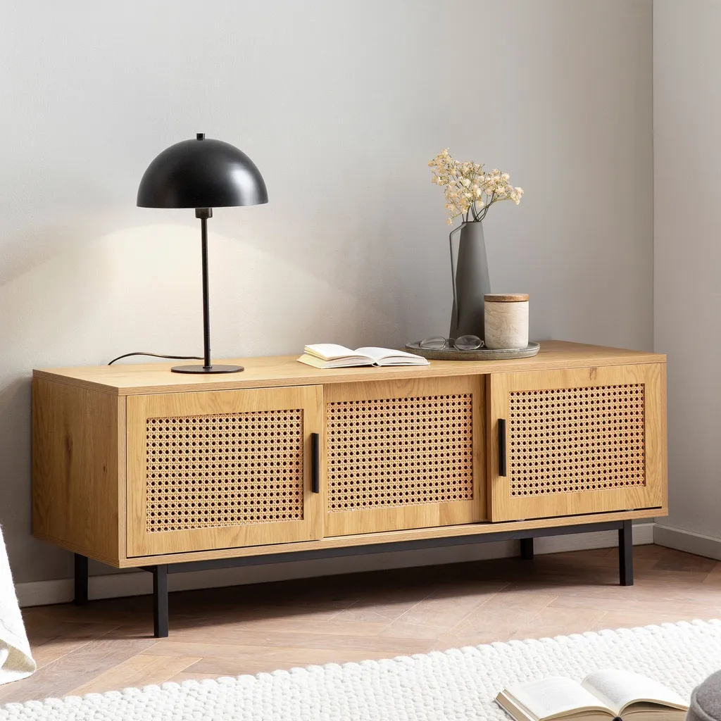 Meuble TV Bas en Chêne et Cannage 120cm - Commode TV Salon Intemporelle
