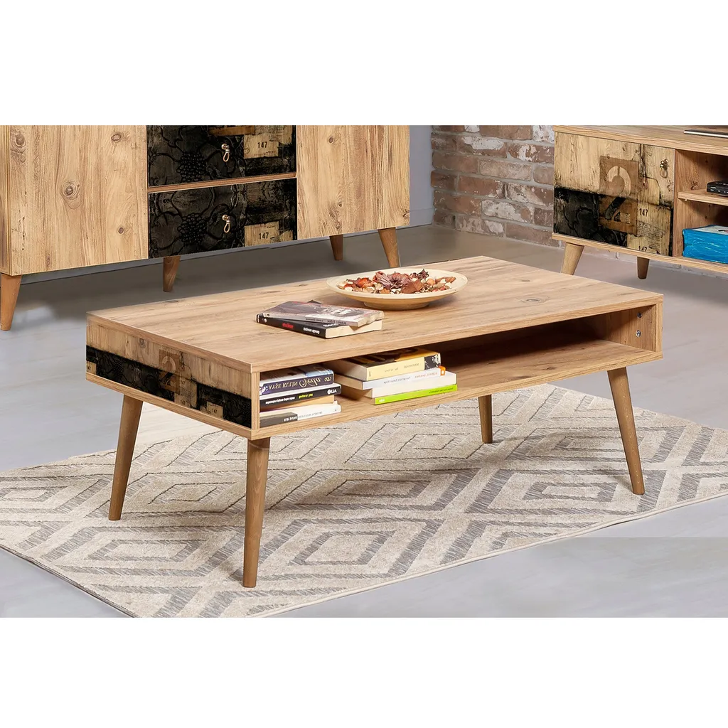 Table basse robuste en mélaminé pin Atlantique, format 110 x 60 cm