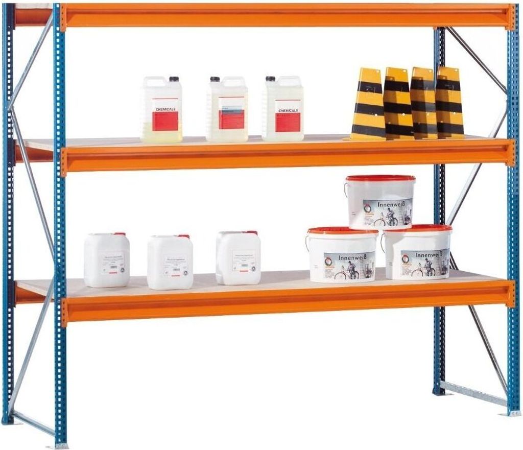 Schulte Weitspannregal mit Spanplatten W 100 | Grundregal | HxBxT 200x214x120cm | 3 Ebenen | Fachlast 950 kg | Blau/Orange/Verzinkt