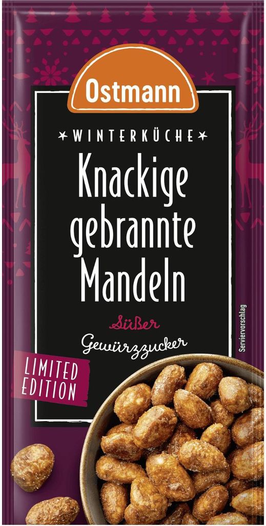 A package of Ostmann Knackige gebrannte Mandeln (crunchy candied almonds) with a bowl of almonds shown.
